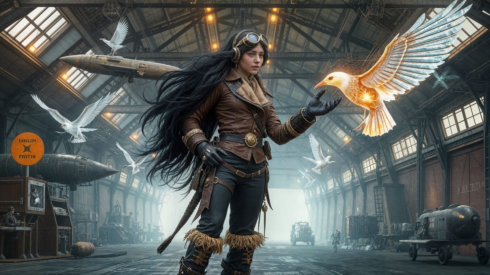 Steampunk Pilot in Hangar with Intricate Airships