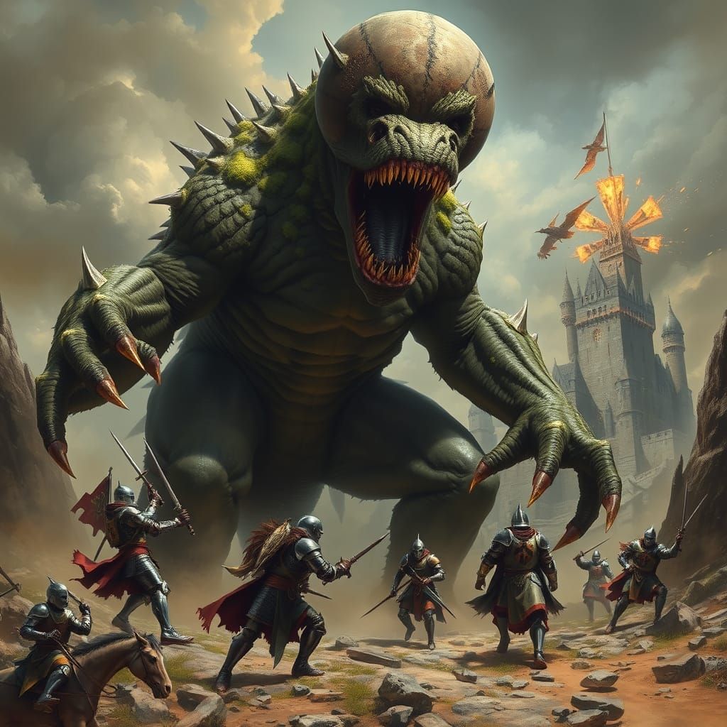 Medieval Castle Under Siege by a Colossal Dark Fantasy Monst...
