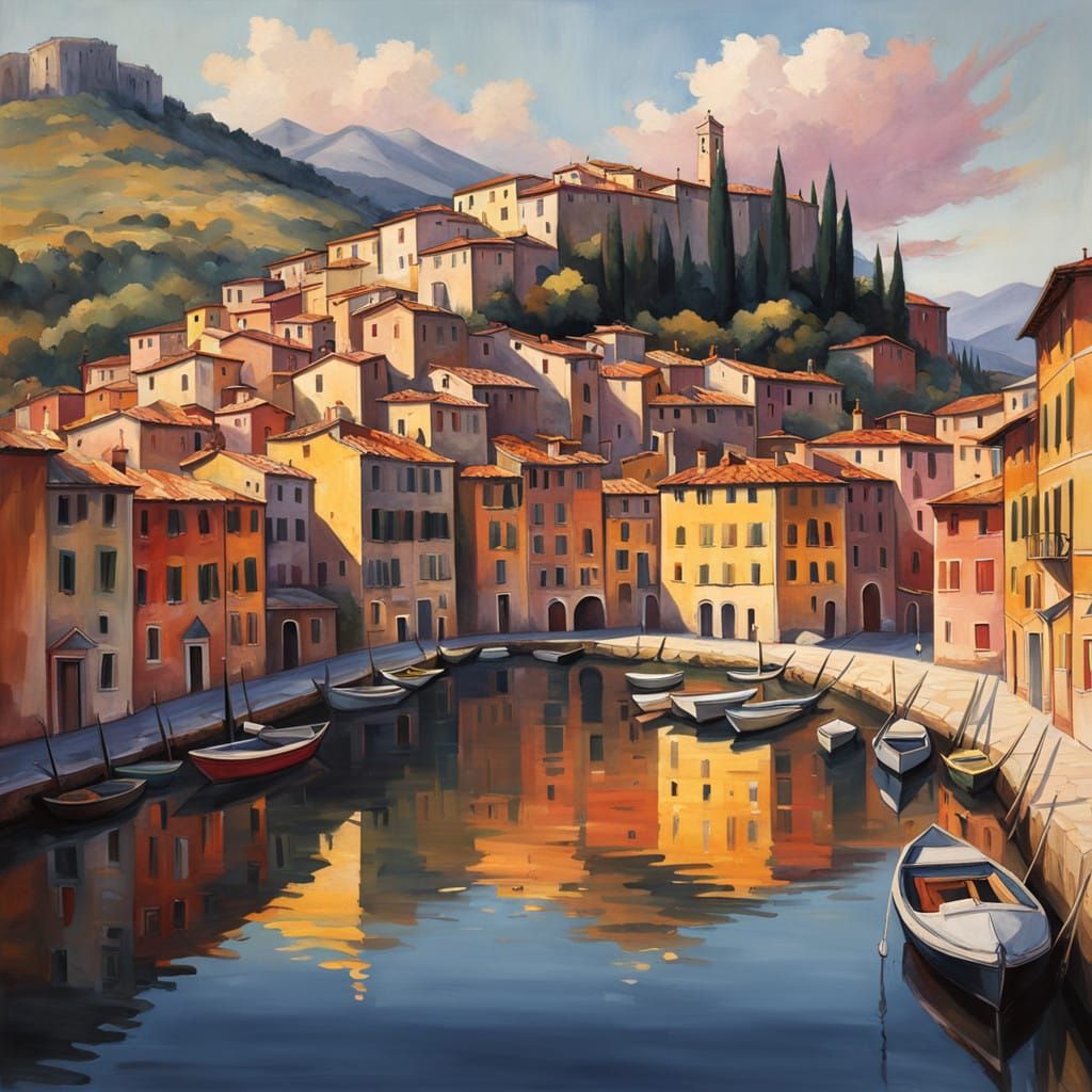 Rustic Italian Lake Town at Sunset