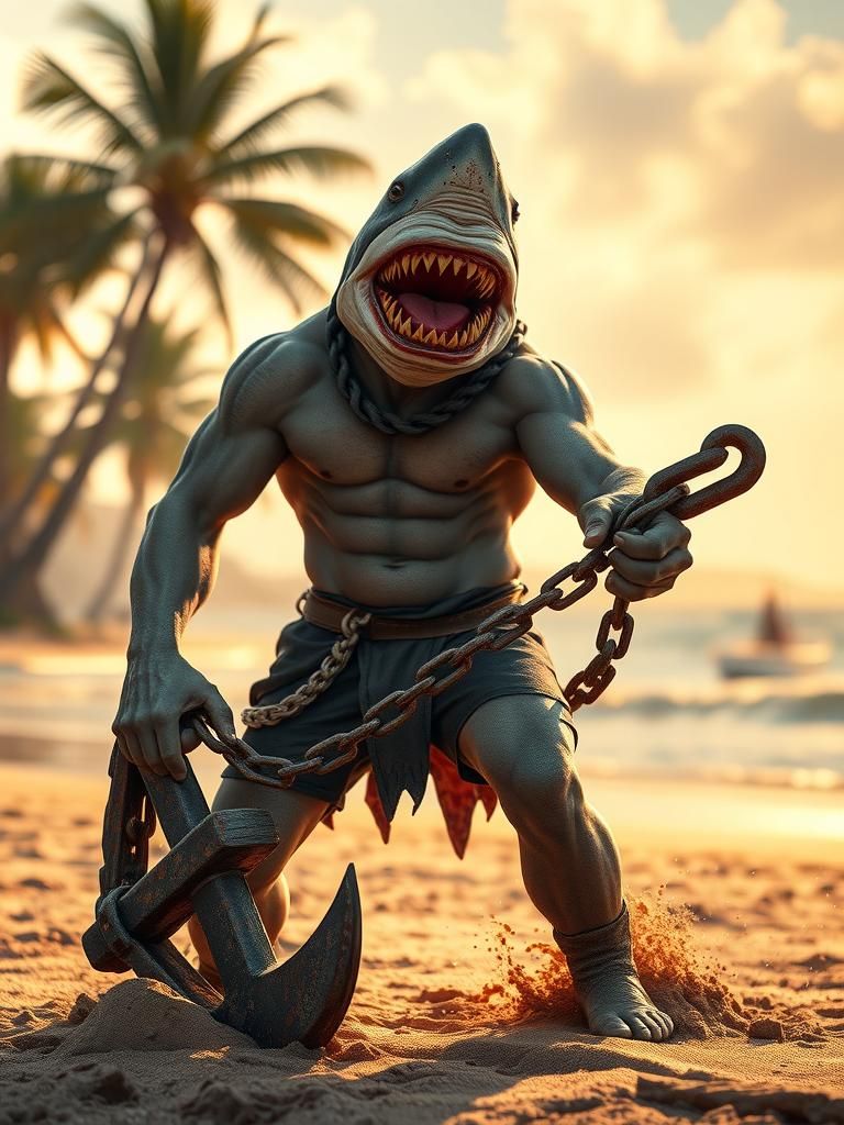 Shark Warrior at the Shoreline in Gritty Fantasy Style