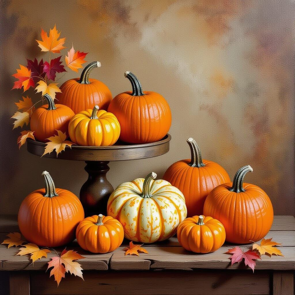Autumn Pumpkins on Rustic Table in Dutch Master Style