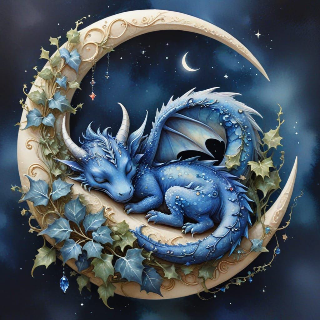 Sleeping Sapphire Dragon on Moon in Watercolor Style