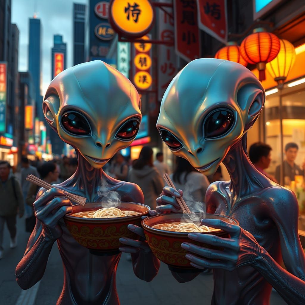 Aliens Enjoying Ramen in Tokyo: 3D Anime Art