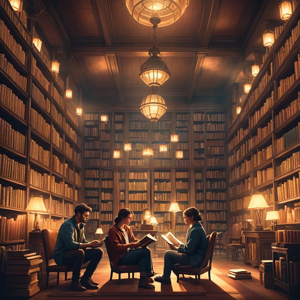 Intense Library Debate: Books vs. Movies in Hyperrealism