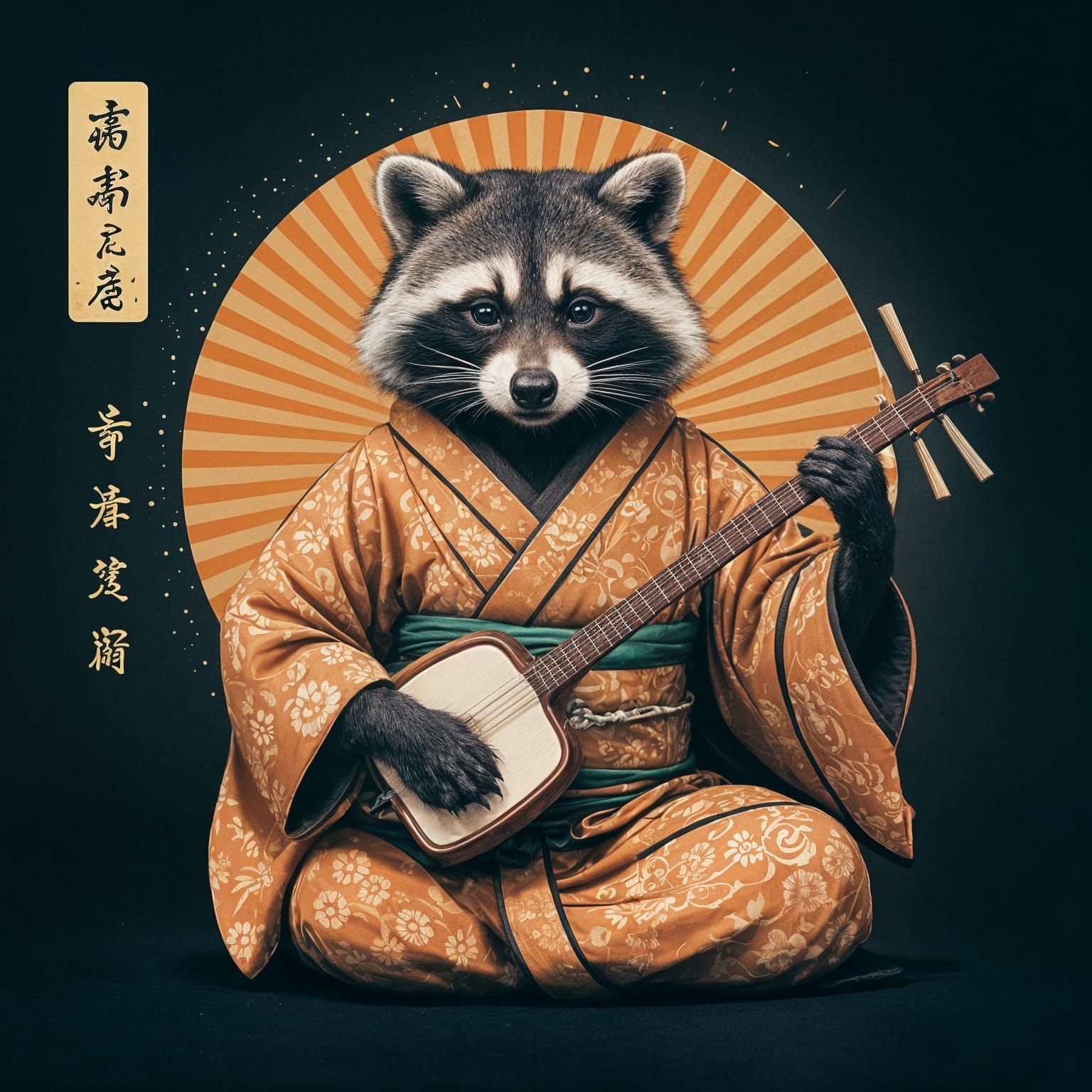Stylized Raccoon Dog Plays Shamisen in Traditional Japanese...