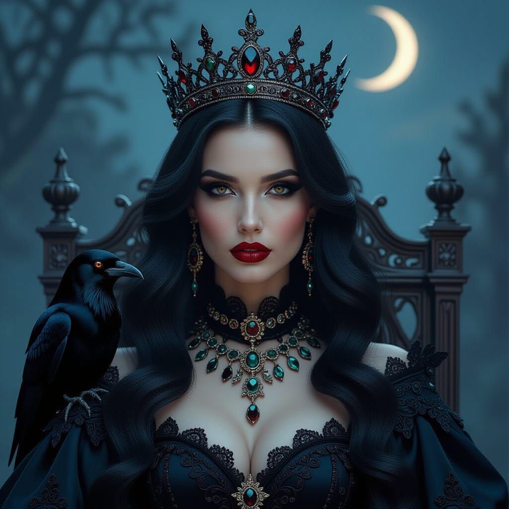 Gothic Queen with Raven in Moonlight, Digital Illustration