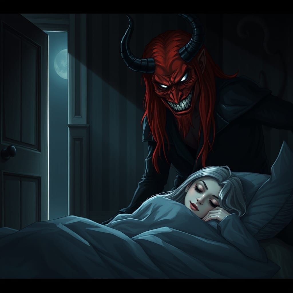 Demonic Visage Reveals Unholy Presence in Dark Bedroom