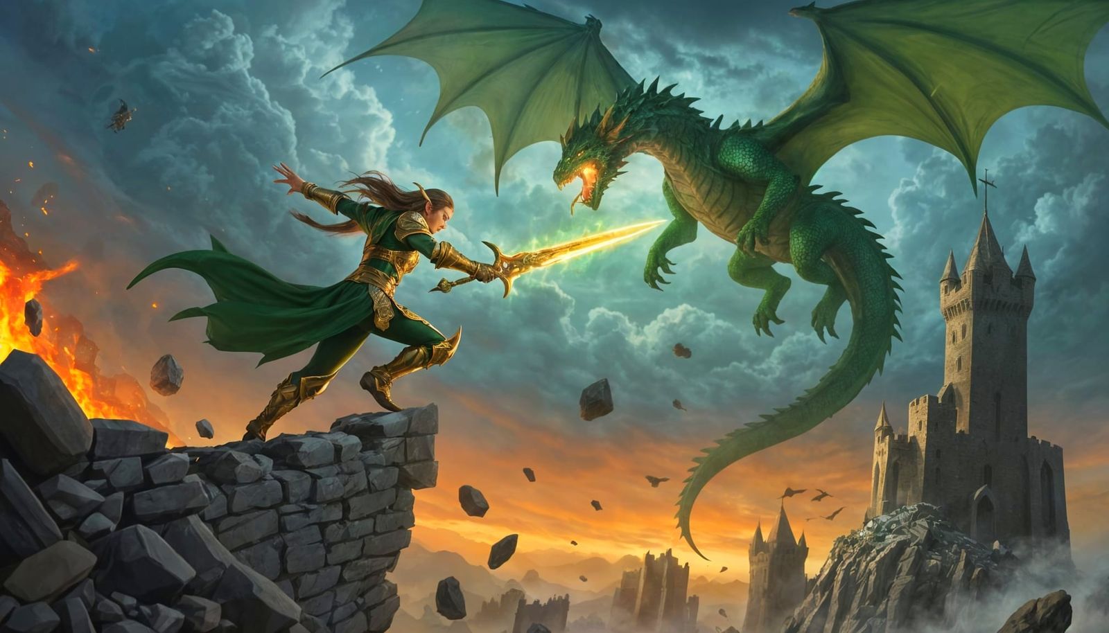 Elven Warrior Leaps to Battle Dragon on Castle