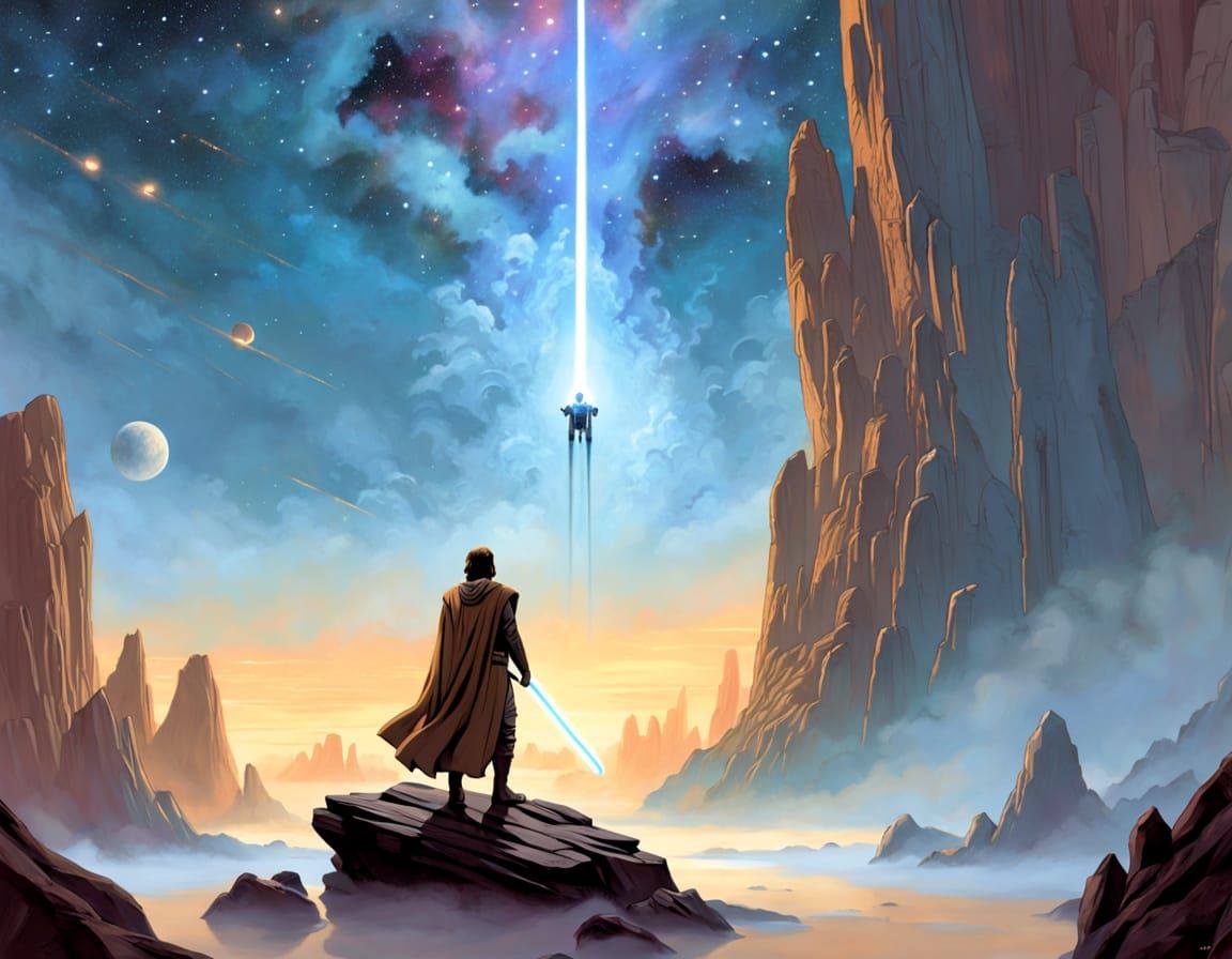 Serene Jedi in Golden Hour, Nebula Landscape