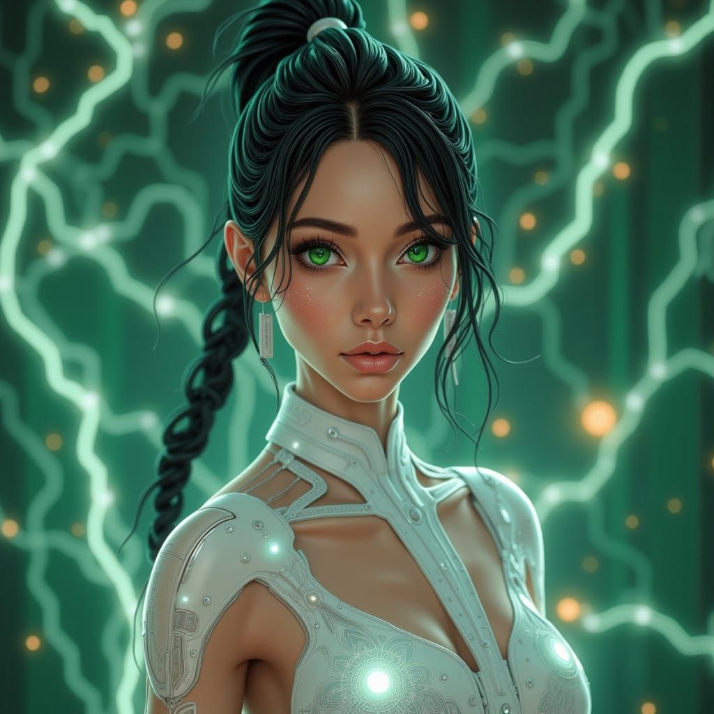 Elegant Woman in White Dress with Fantasy Background