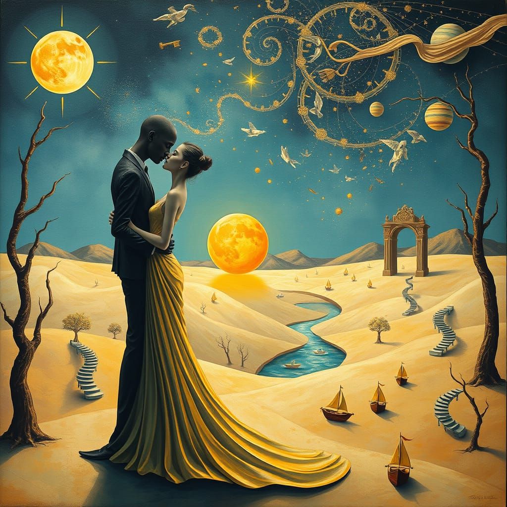 Surreal Desert Couple in Dreamlike Landscape