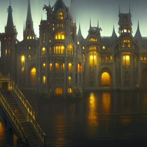Elaborate Castles United by Stairs at Twilight