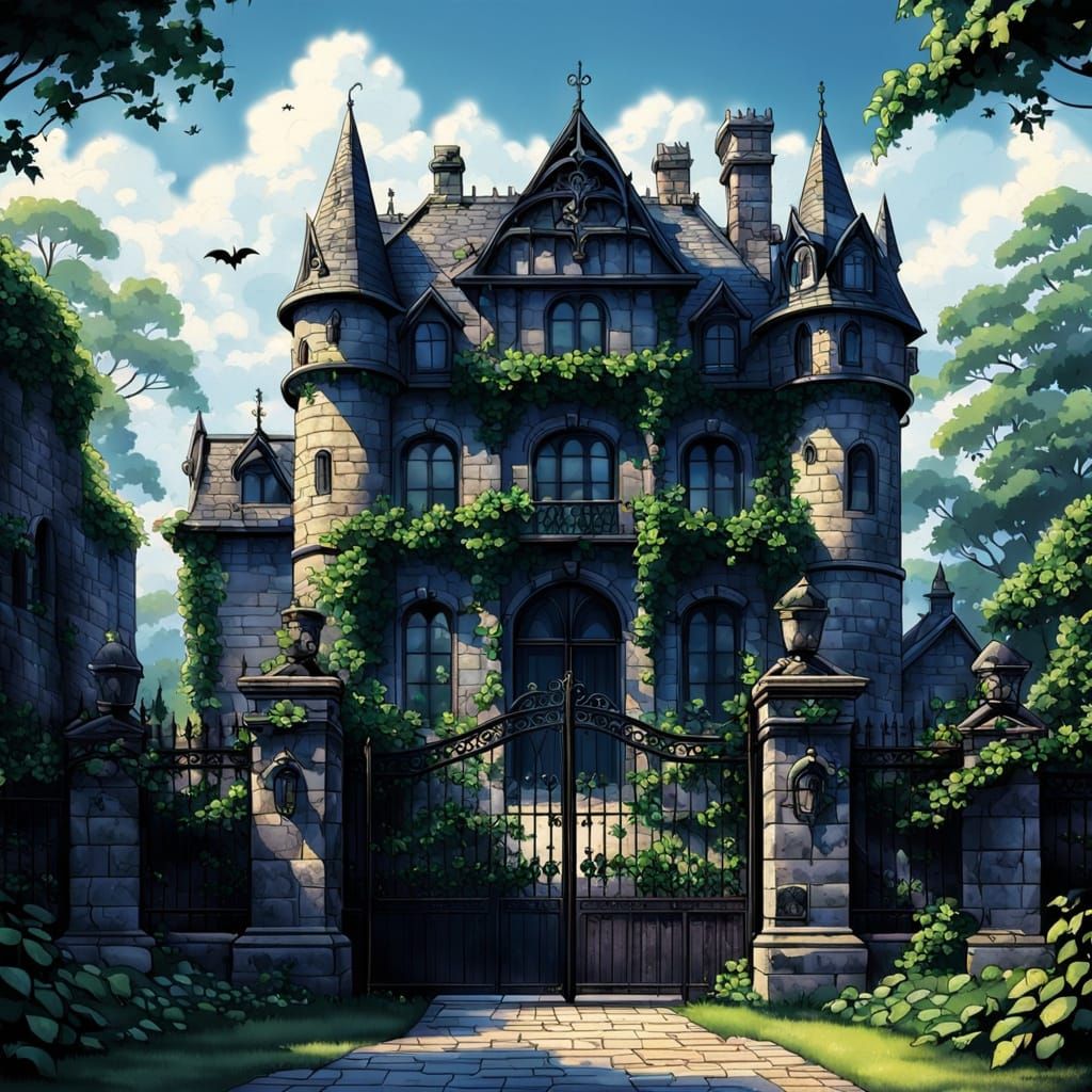 Gothic Stone Mansion with Ghost in Medieval Setting