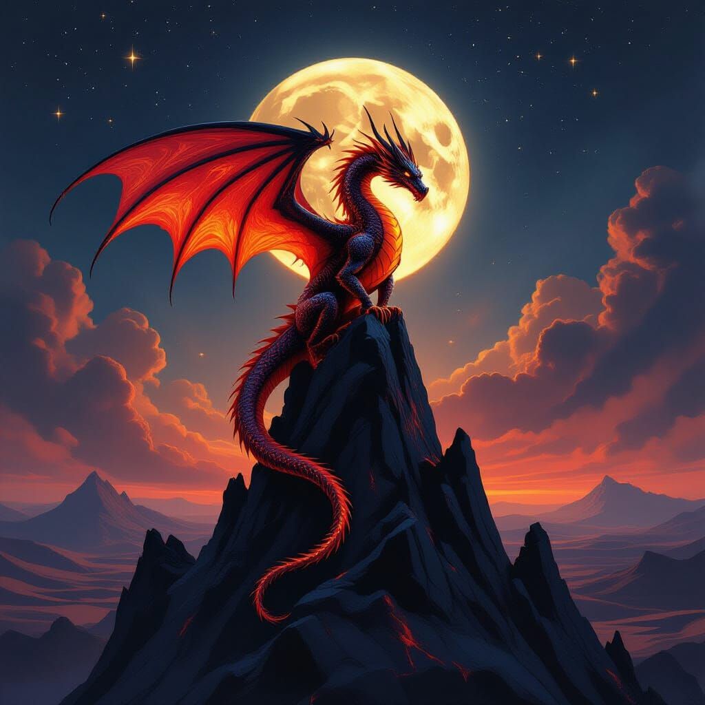 Crimson Gold Dragon on Obsidian Peak Under Twin Moons