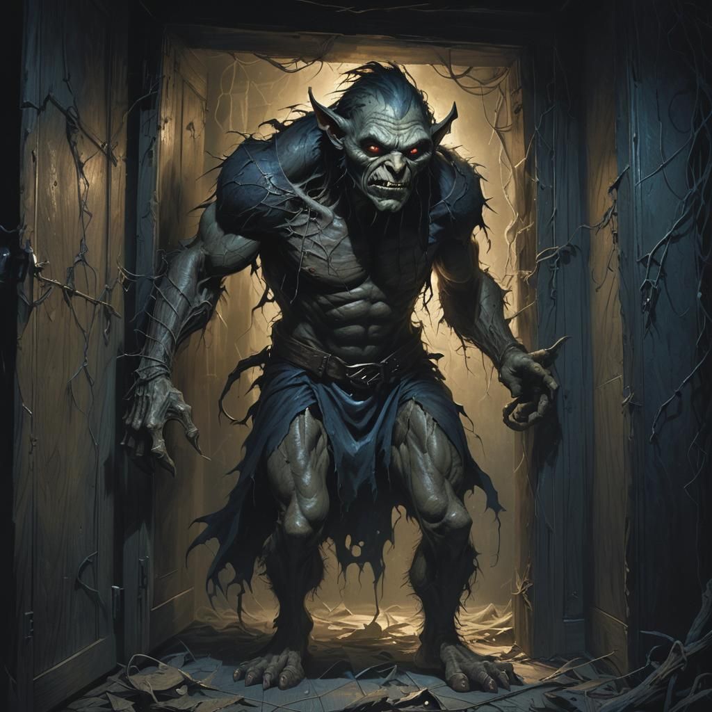 Muscular Goblin in Closet, Dark Fantasy Illustration