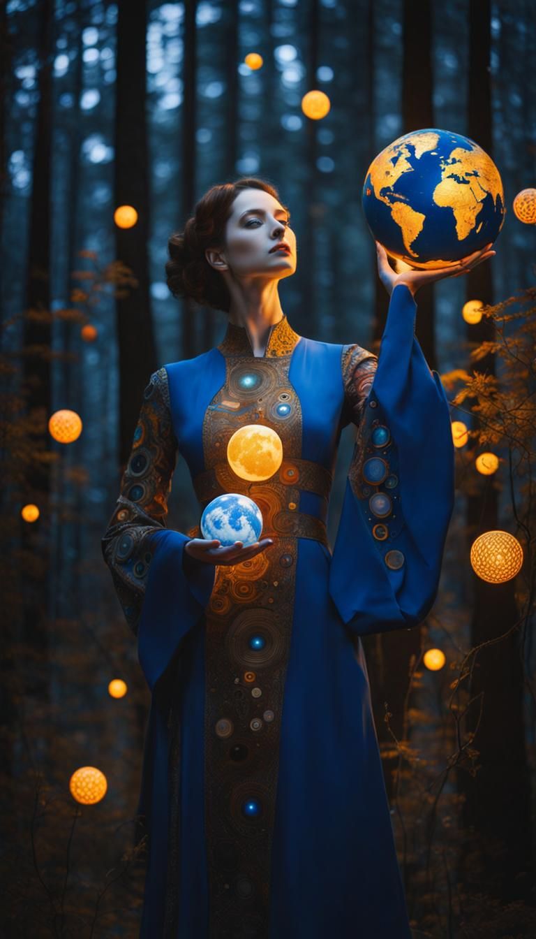 Mechanical Goddess with Planets, Klimt-Inspired Art