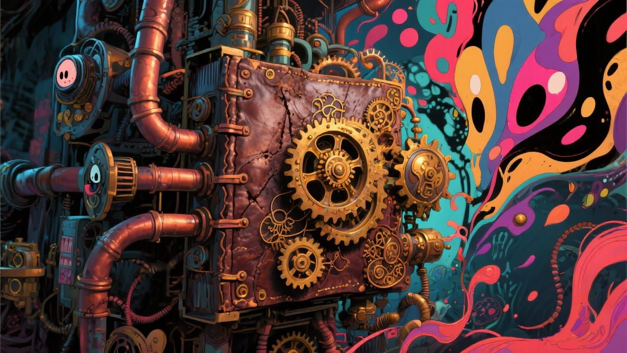 Intricate Steampunk Machinery in High-Contrast Digital Art