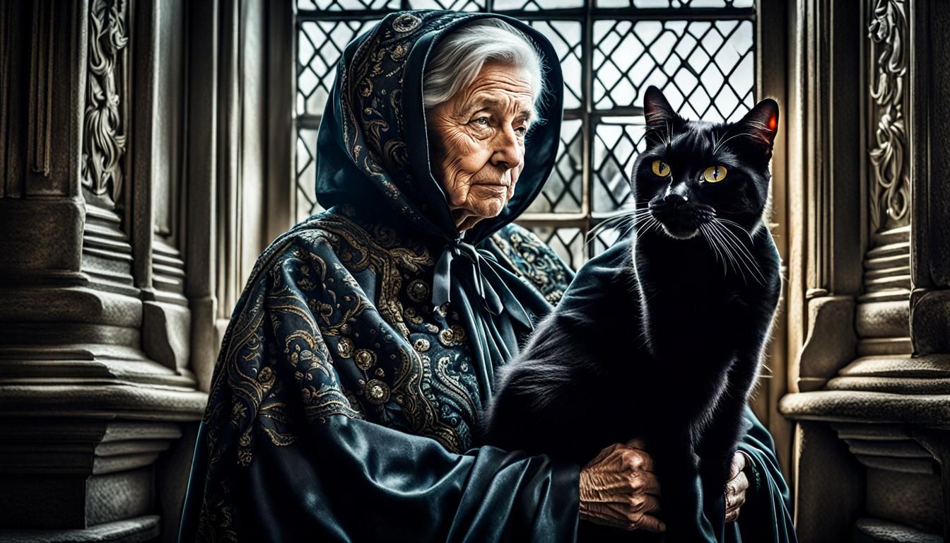 Woman in Cloak Petting Cat, Hyperrealistic Image
