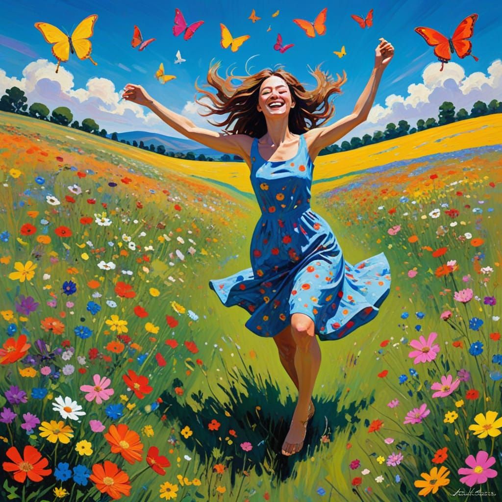 Joyful Woman Dances in Vibrant Wildflower Meadow