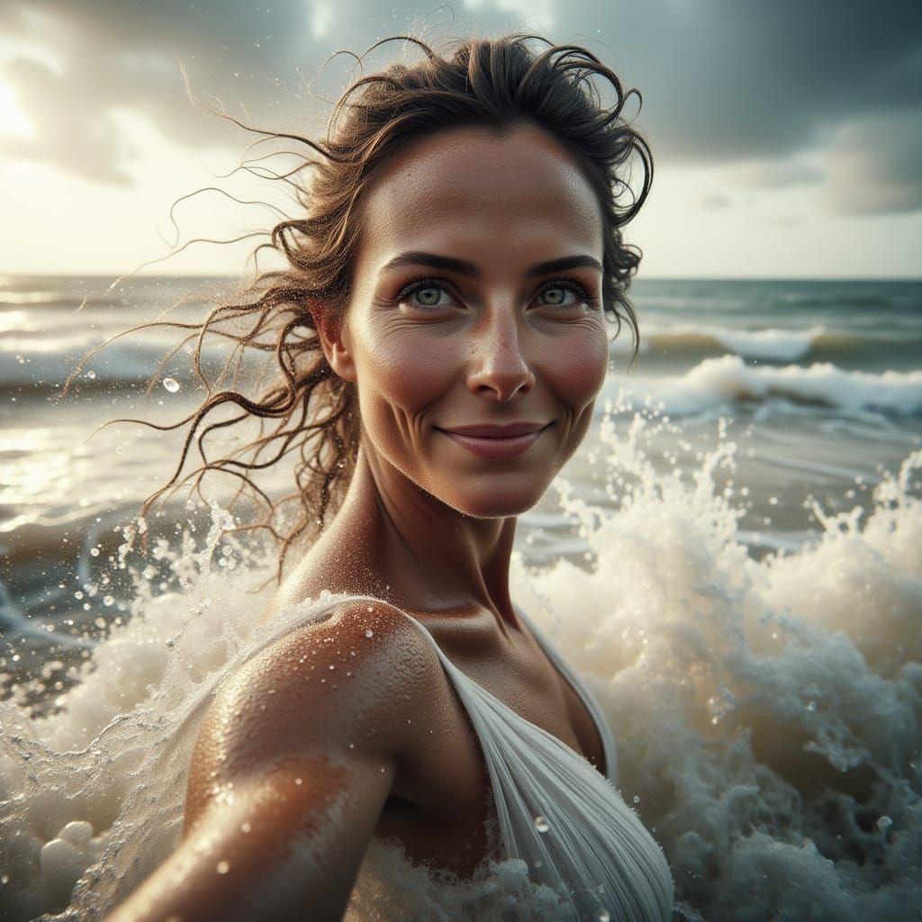 Hyperrealistic Woman Running into Ocean Waves