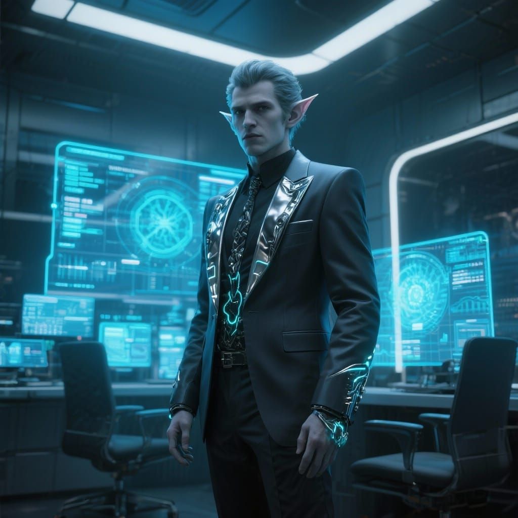 Male Elf Spy in Cyberpunk Office
