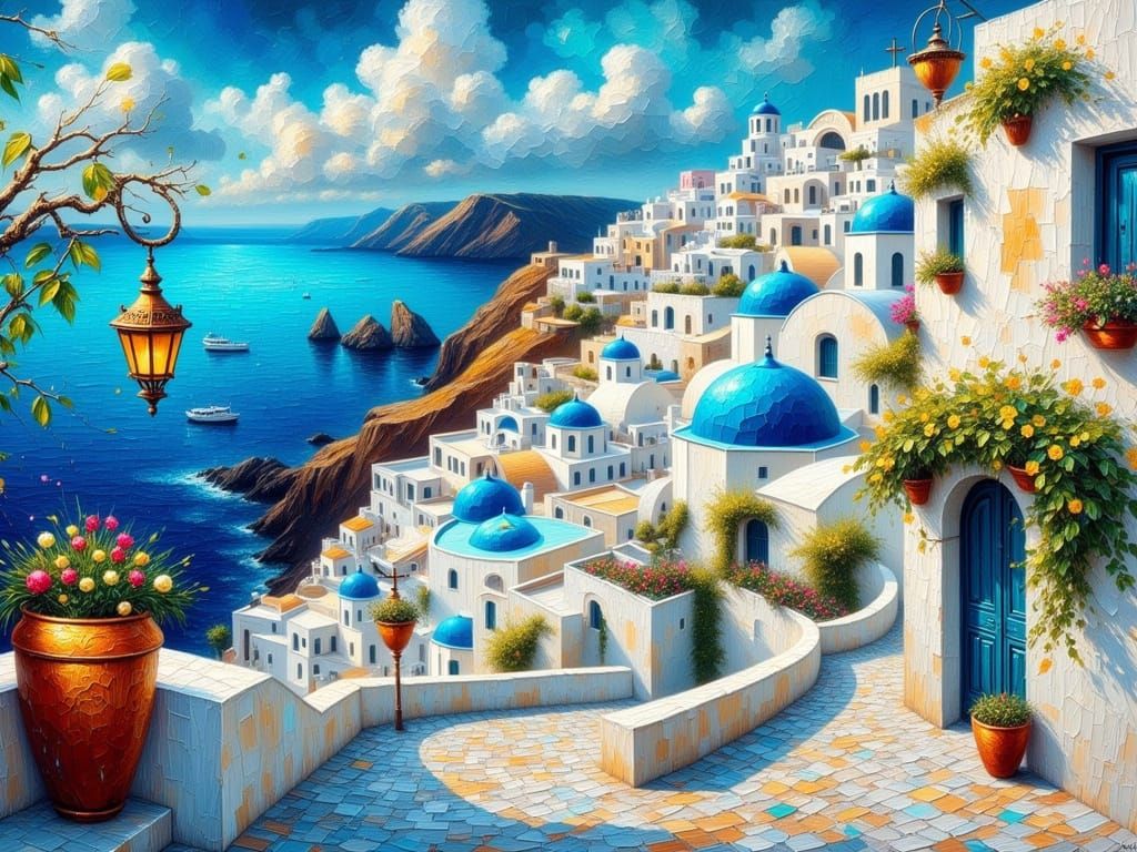 Impasto Oil Painting of a Dreamy Santorini-Inspired Village