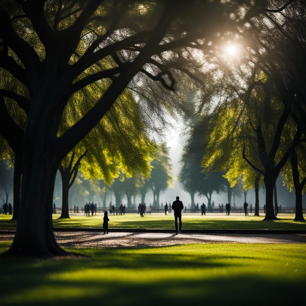 Menacing Clouds Over Park with Shadowy Figures