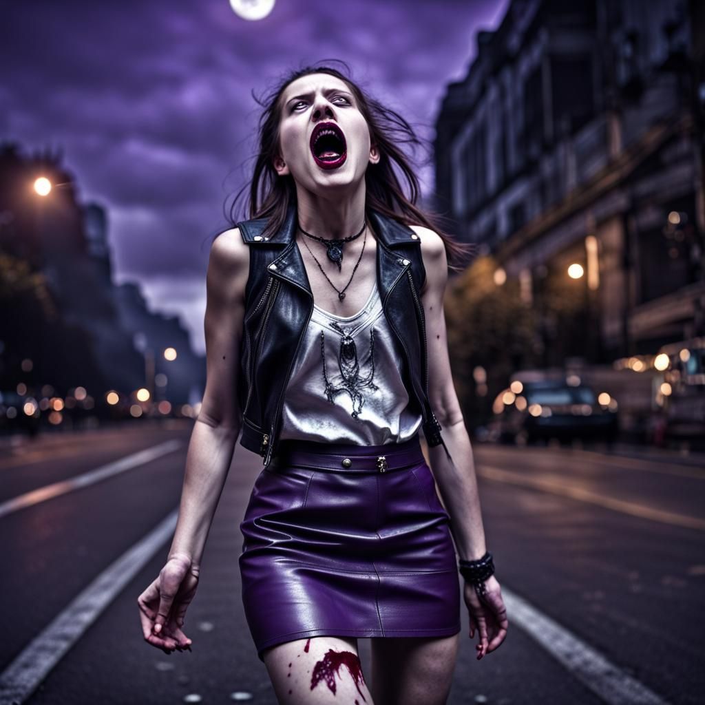 Hyperrealistic Pale Girl Screams at Moonlit Night