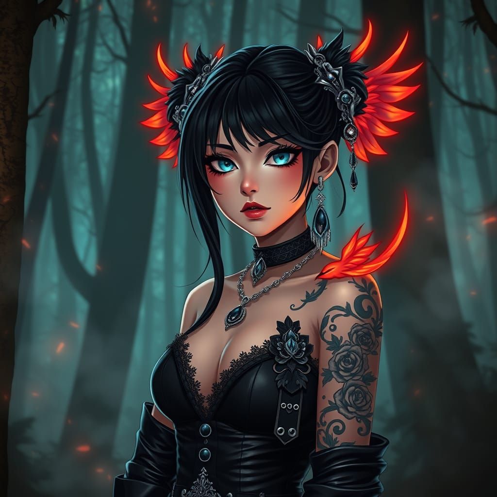Anime Woman in Gothic Fantasy Forest