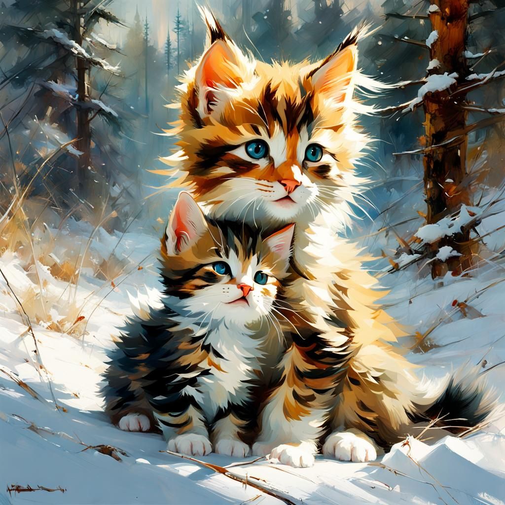 Calico Kittens Wrestling in Snowy Forest