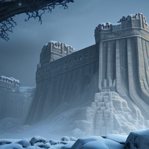 Giant Stone Fortress in Snowstorm: Detailed Matte Painting