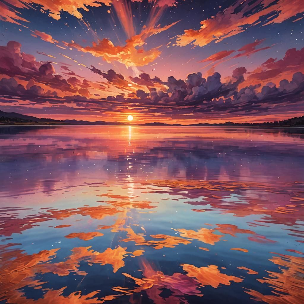 Cosmic Sunset Lake: Mixed Media Illustration