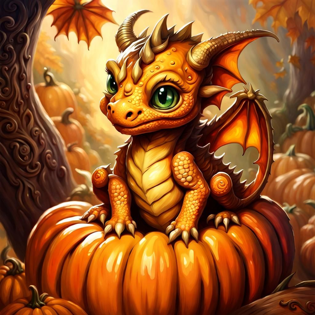 Adorable Baby Dragon in Pumpkin, Digital Art