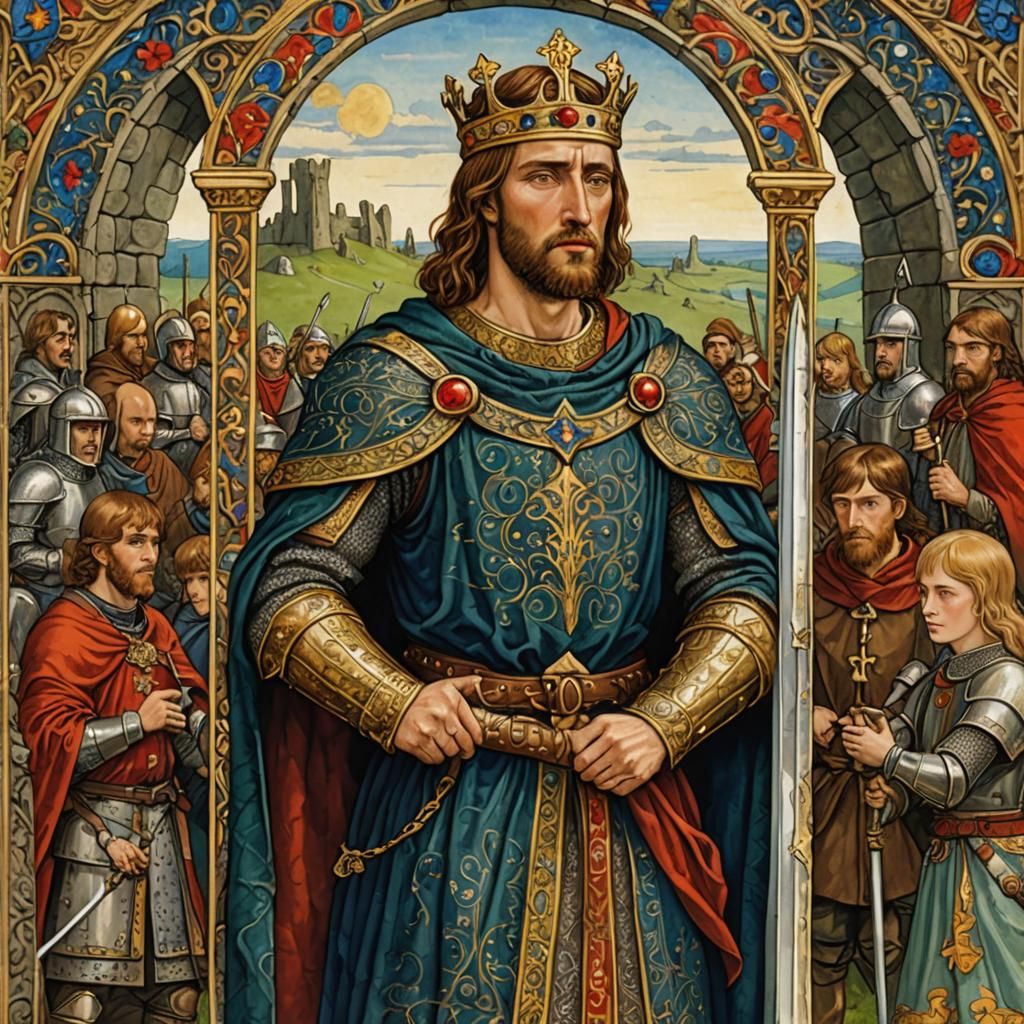 King Arthur Pulling Excalibur: Illuminated Manuscript Art