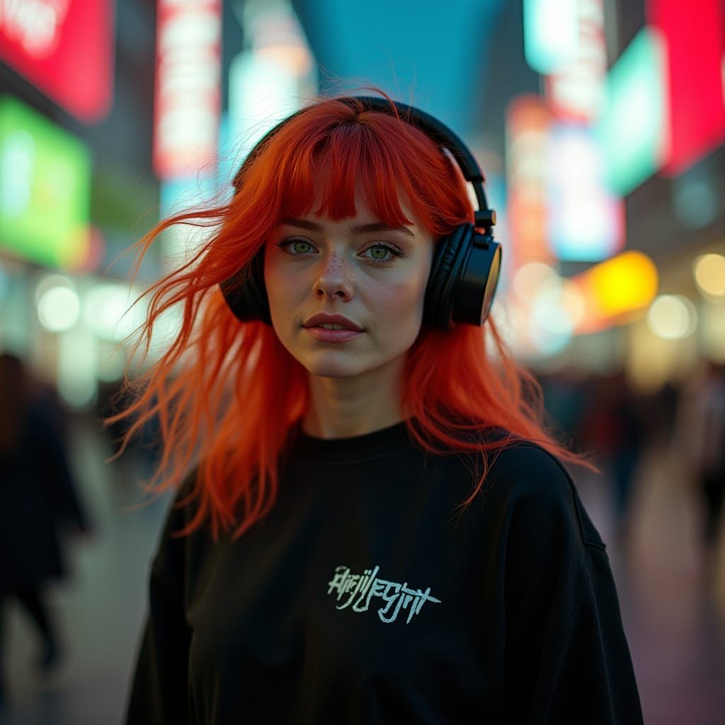 Joyful Redhead Dancing in Vibrant Futuristic City