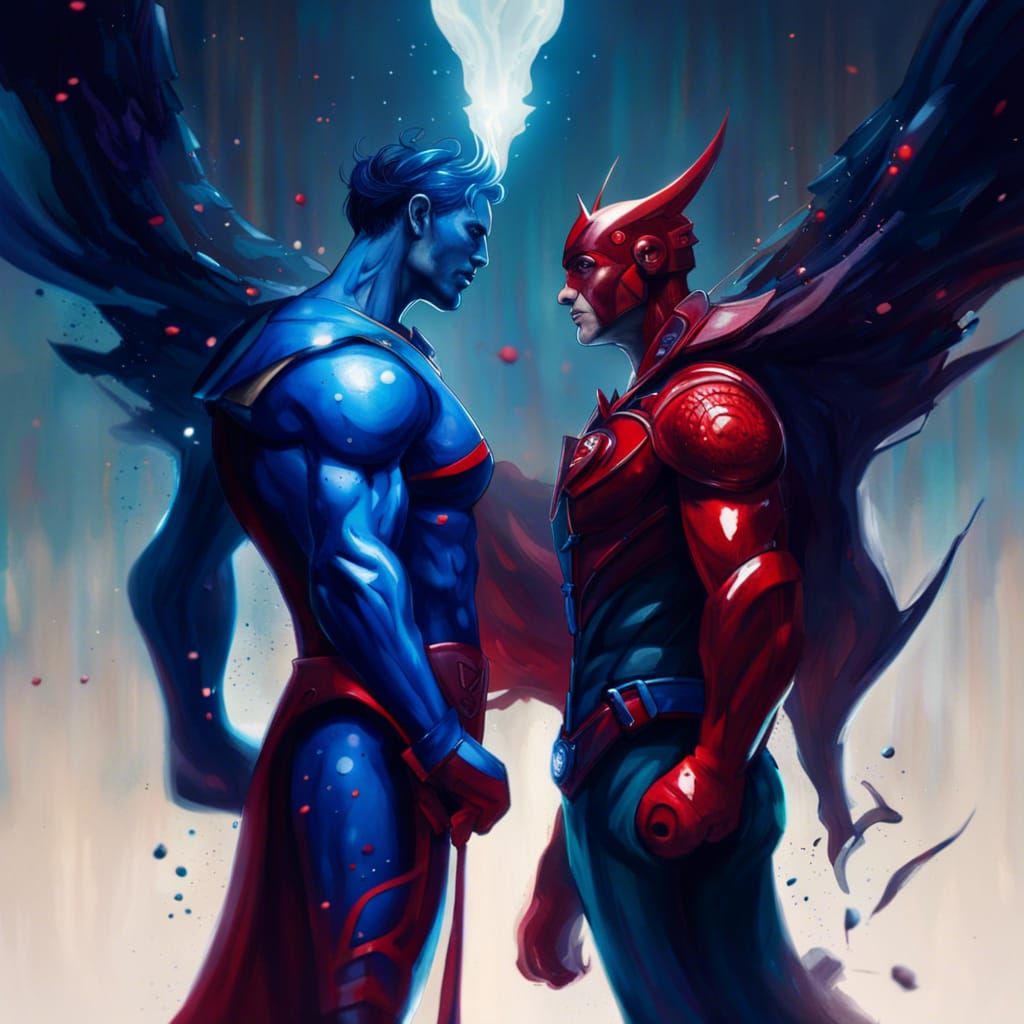 Superhero vs Supervillain: Dramatic Standoff in Detailed Pai...