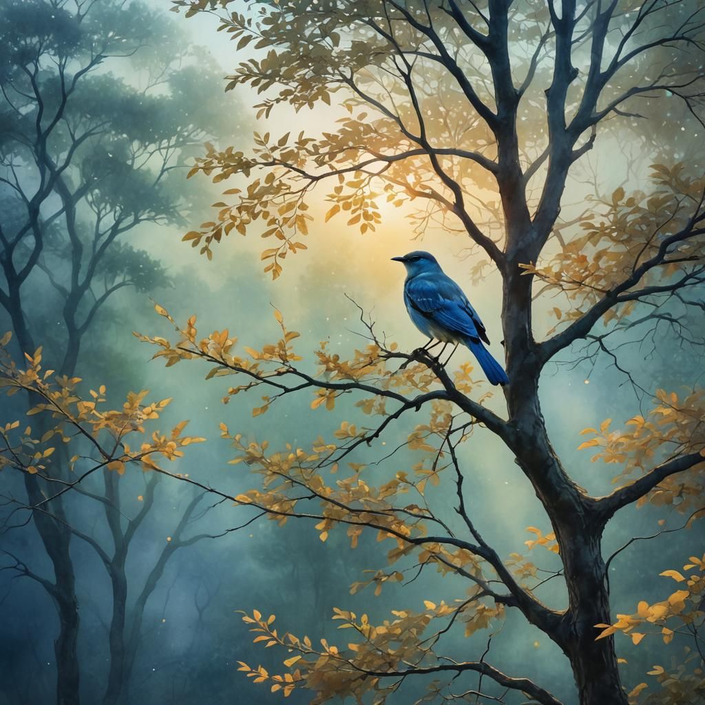 Ethereal Dawn Tree with Bird, Watercolor Digital Art