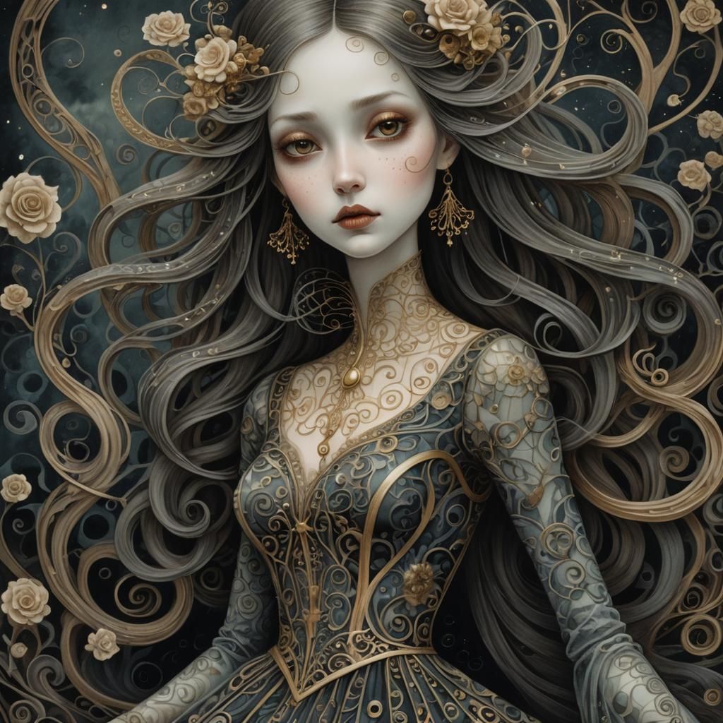 Dark Whimsy Woman in Dreamlike Gothic Scene