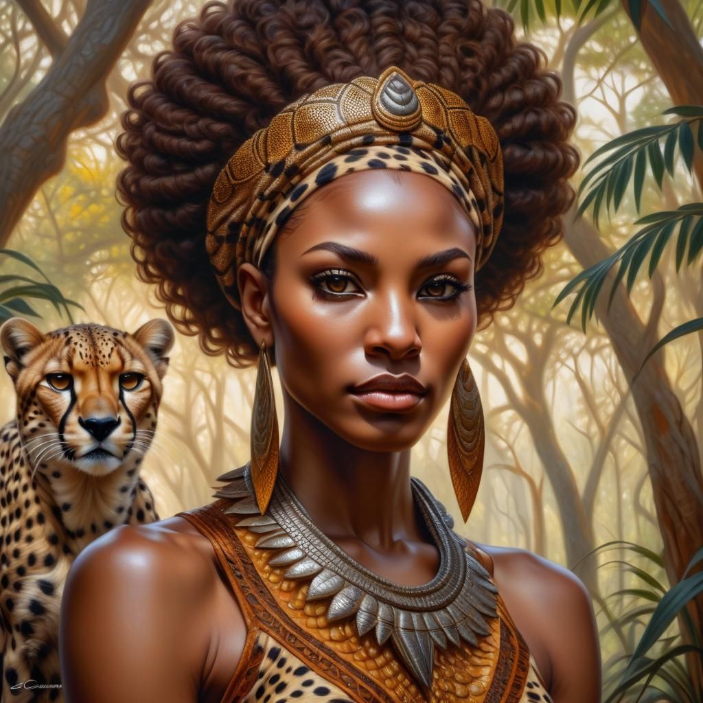 Beautiful Cheetah Woman Portrait in Oil Painting Style