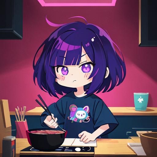 Anime Girl Cooking Ramen in Pop Art Style