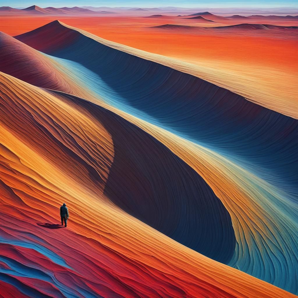 Colorful Desert Dunes with Figure, as Oil Painting