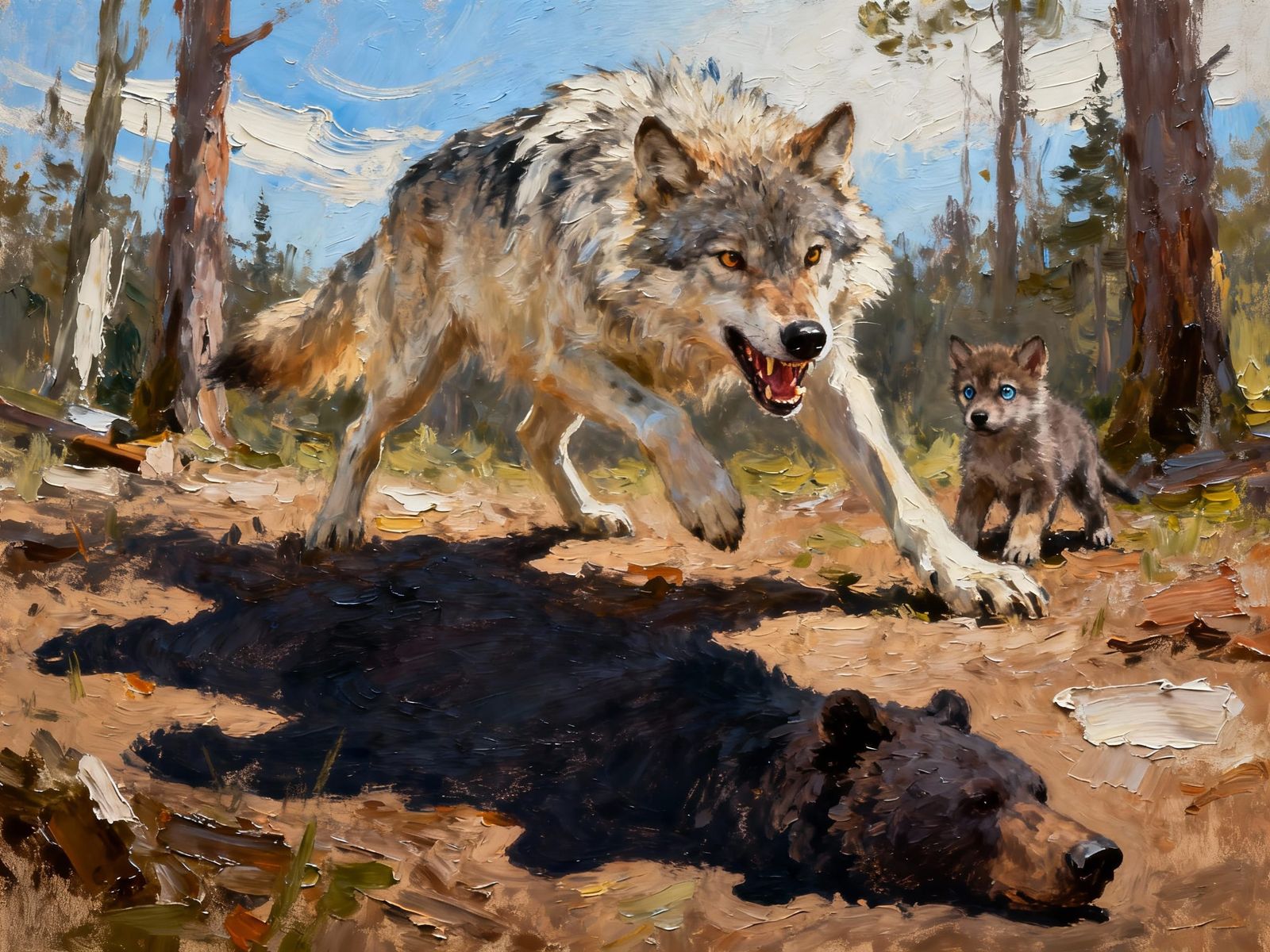 Protective Wolf Defends Cub in Impasto Style