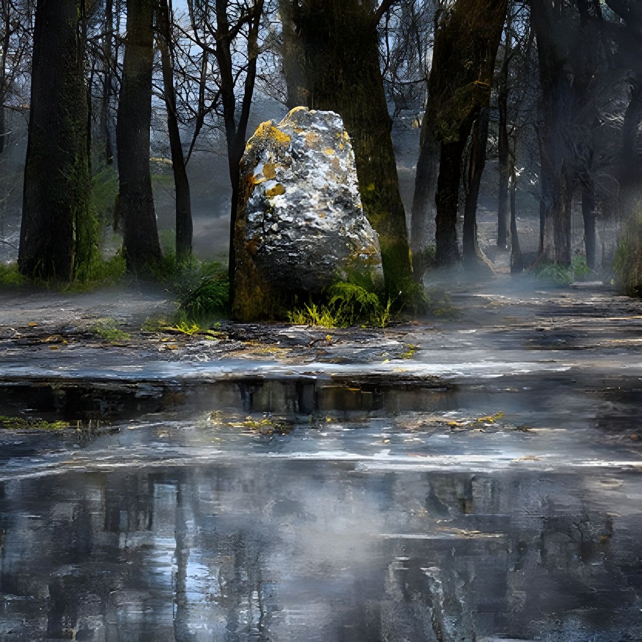 Misty Forest Monolith Ruin with Reflections