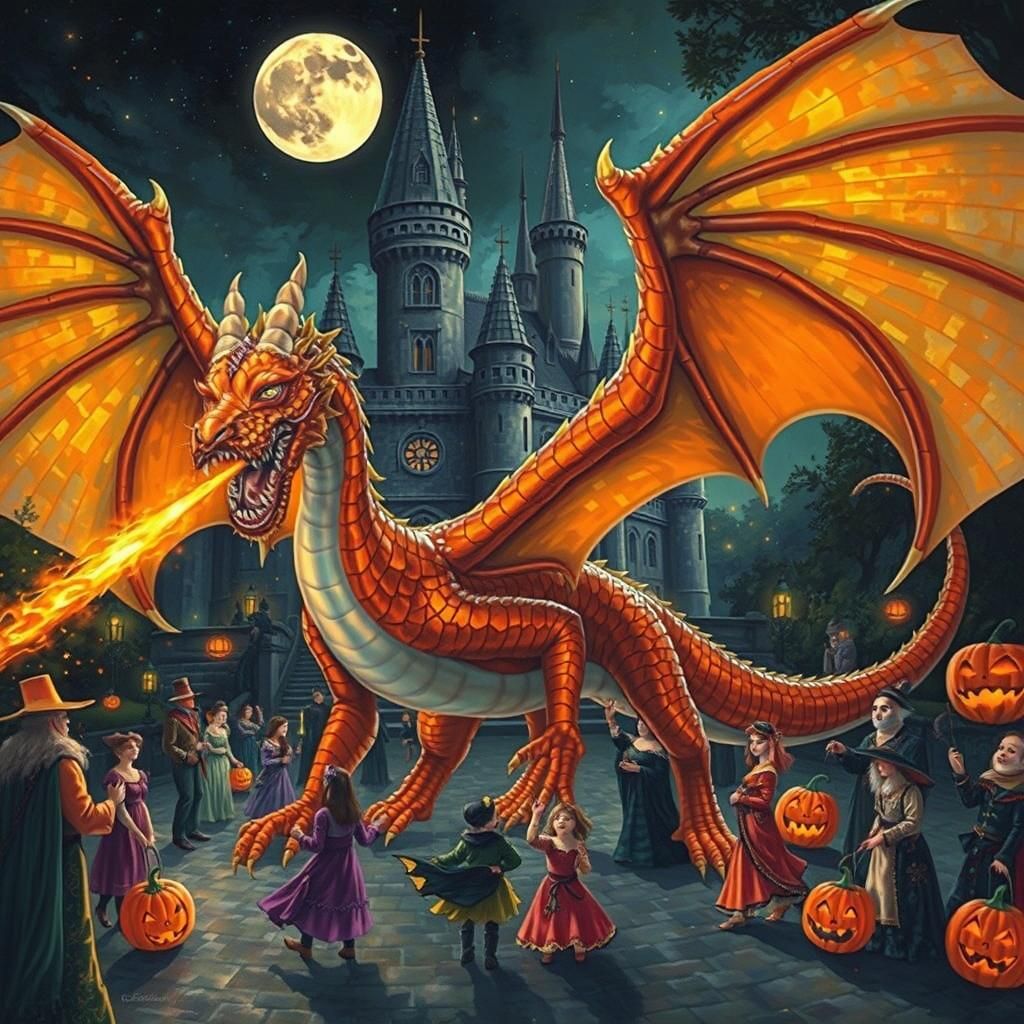 Halloween Dragon Breathes Fire in Oil Painting Style