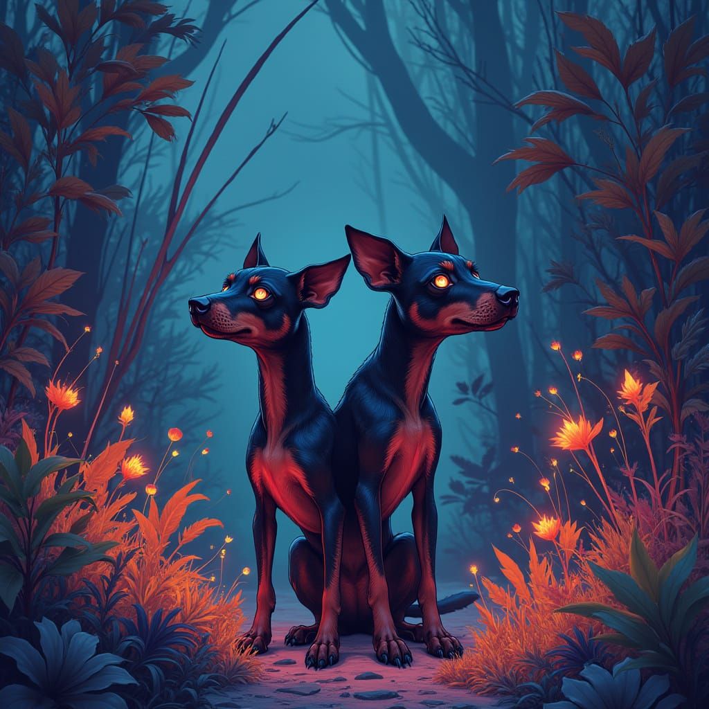 Two-Headed Dog in Luminous Alien Garden