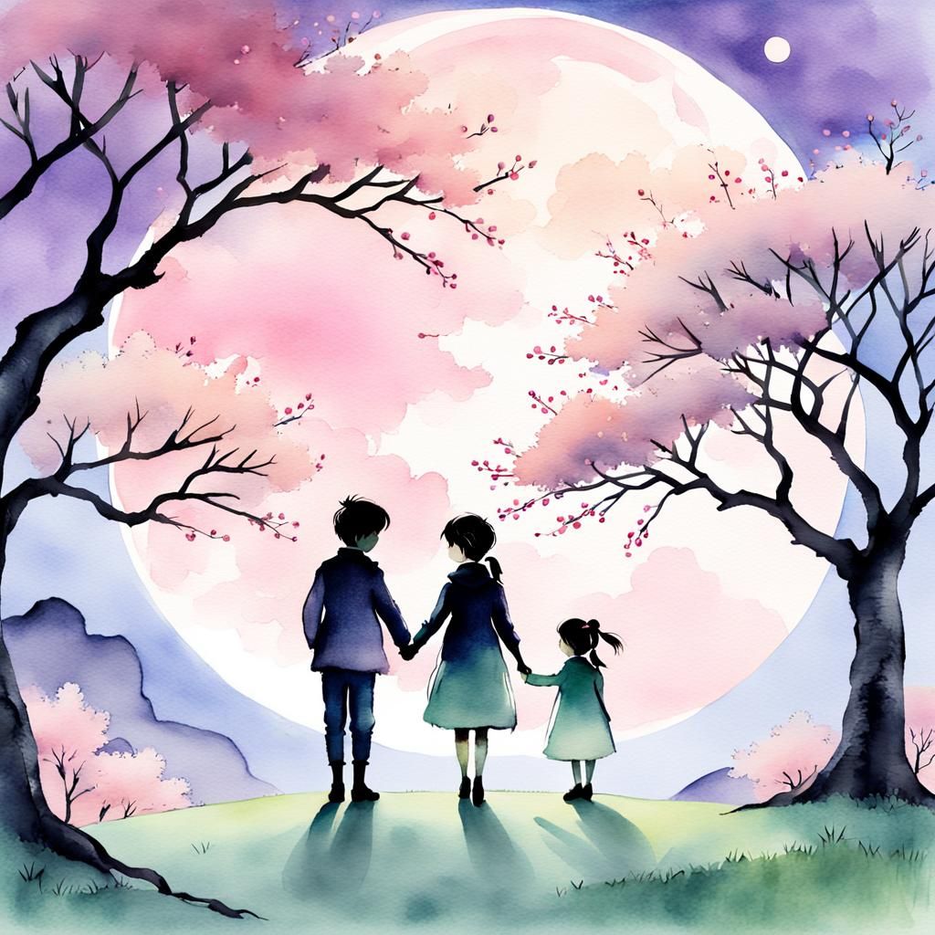 Sakura Tree Silhouettes in Watercolor Painting