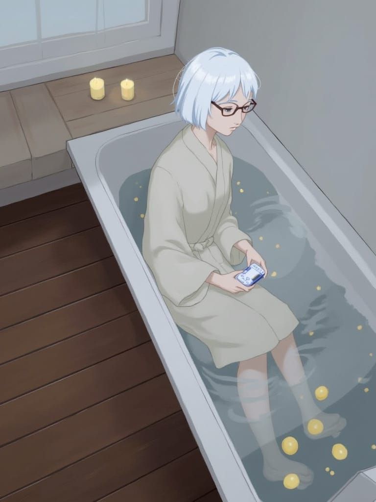 Grandmother Gaming in Soothing Bath Scene
