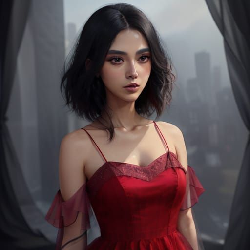 Surreal Woman in Sheer Red Dress With Visible Chest