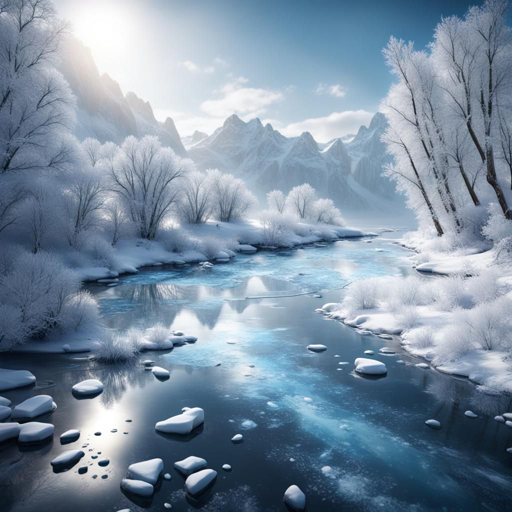 Icy River Reflects Snowy Landscape in Winter