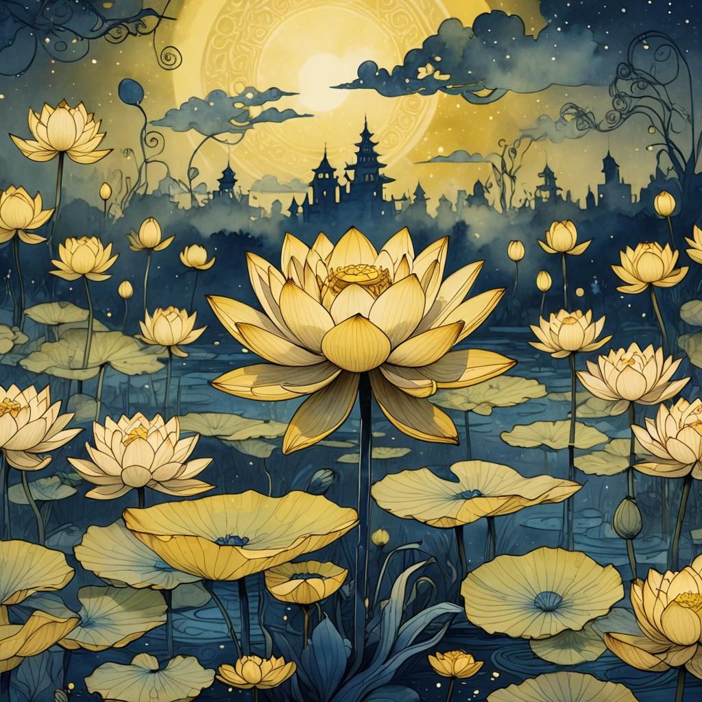 Glowing Yellow Lotus in Surreal Ink Wash Style